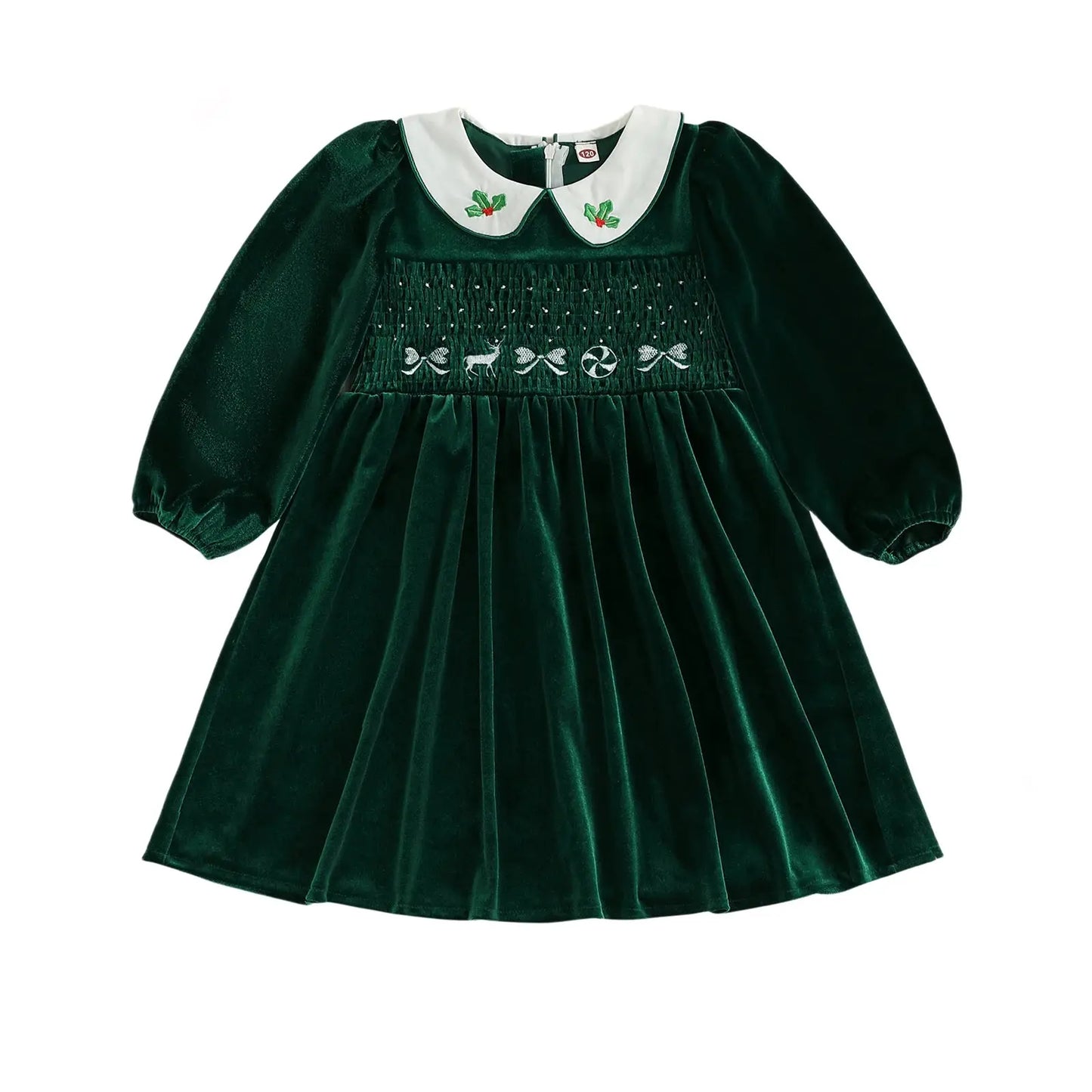 FOCUSNORM 1-7Y Little Kids Girls Velvet Christmas Dress Deer Bow Holly Embroidered Smocked Long Sleeve Doll Collar A-Line Dress Trikidsworld
