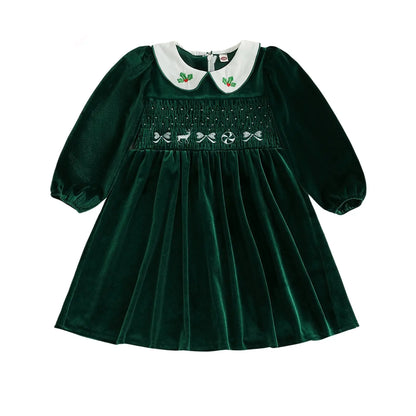FOCUSNORM 1-7Y Little Kids Girls Velvet Christmas Dress Deer Bow Holly Embroidered Smocked Long Sleeve Doll Collar A-Line Dress Trikidsworld