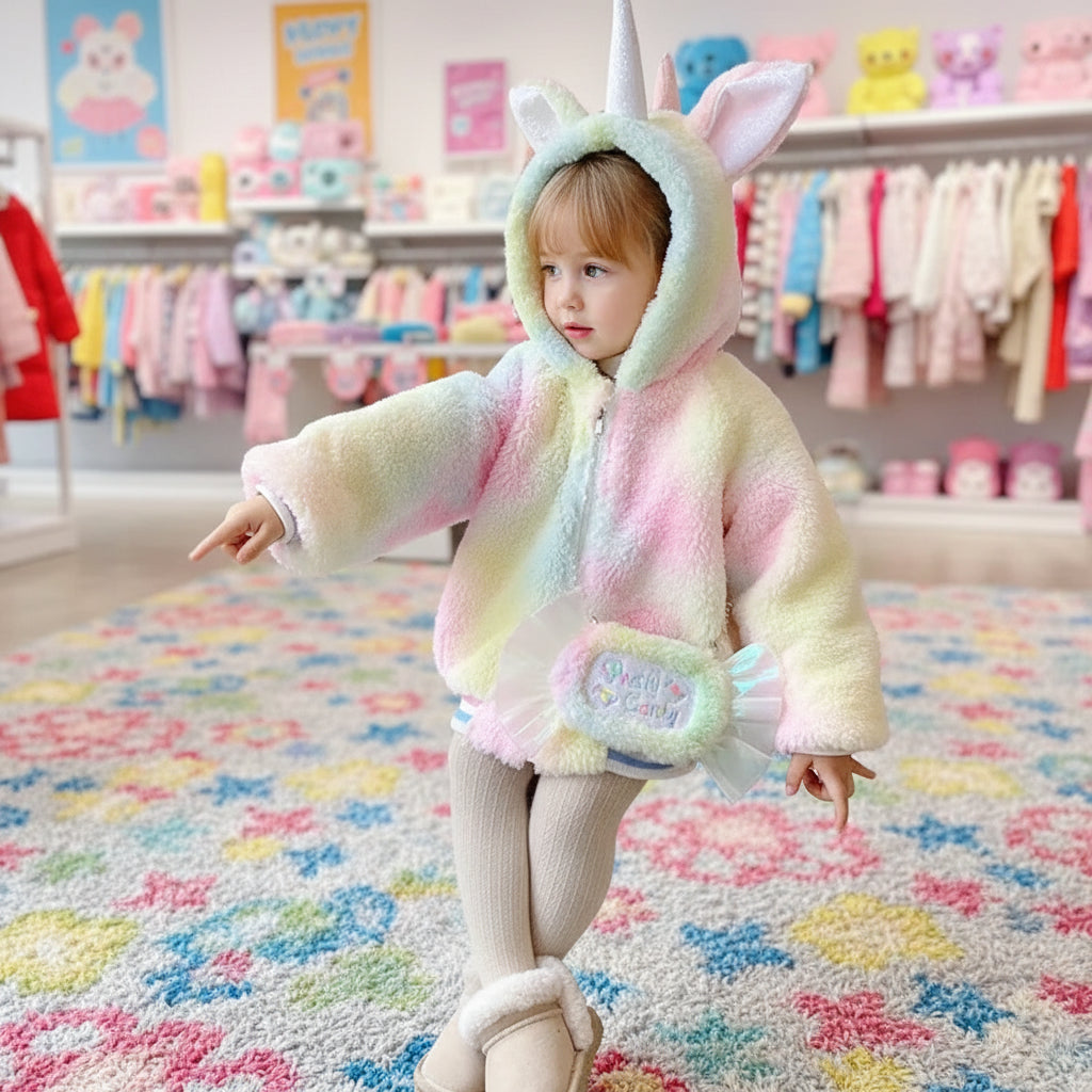 Girl's Winter Plush Jacket 2024 New Children's Unicorn Thickened Coats Kids Hooded Plus Velvet Outerwear Baby Faux Fur Clothing Trikidsworld