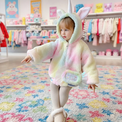 Girl's Winter Plush Jacket 2024 New Children's Unicorn Thickened Coats Kids Hooded Plus Velvet Outerwear Baby Faux Fur Clothing Trikidsworld