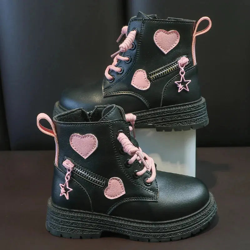 Girls Boots Kids Fashion Rubber Boots Cool Girl Autumn and Winter Cotton Soft Sole Pink with Love Side Zip Princess Round-toe PU Trikidsworld