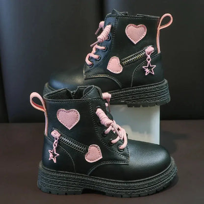 Girls Boots Kids Fashion Rubber Boots Cool Girl Autumn and Winter Cotton Soft Sole Pink with Love Side Zip Princess Round-toe PU Trikidsworld