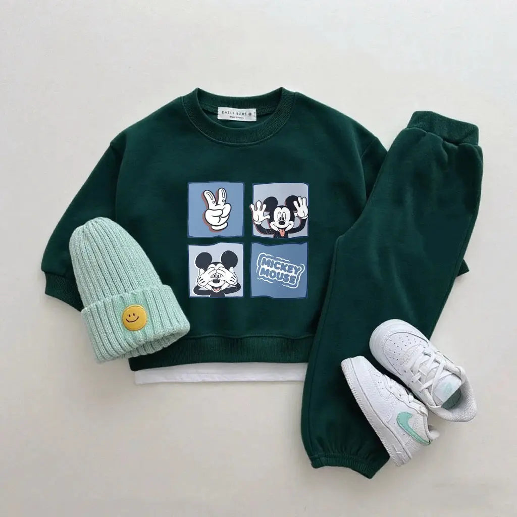 Boys Trendy Wear Long-sleeved Tracksuits Children 2026 Costume Mickey Mouse Tops Green Sweatpants New Two Piece Baby Clothing Trikidsworld