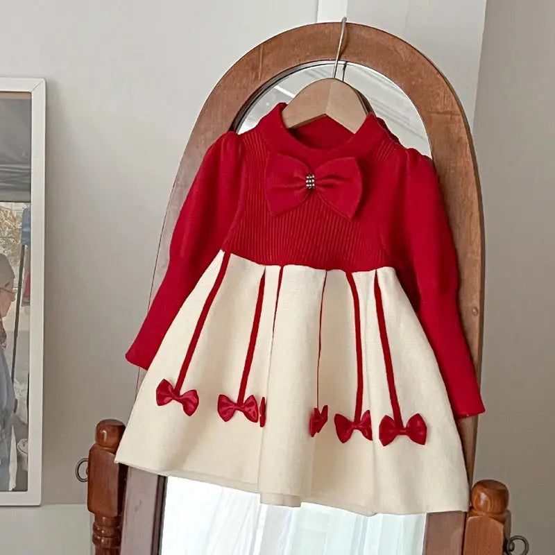 2025 New Christmas Baby Party Dress 2-6Yrs Children Clothes Baby Girl Birthday Party Dress Red Bow Knitted Kids Princess Dresses Trikidsworld