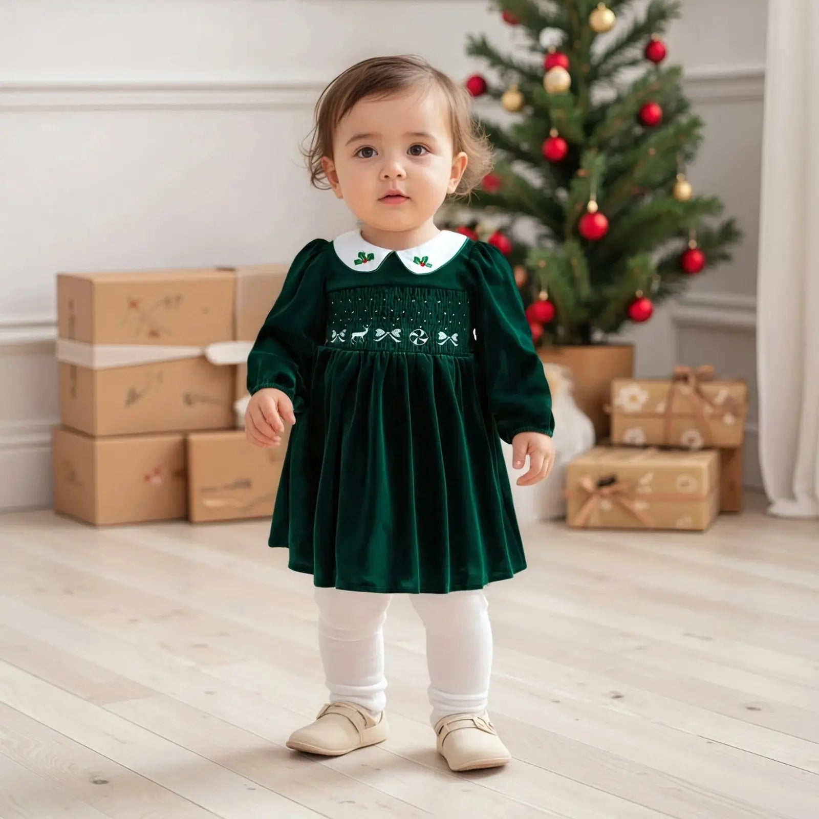 FOCUSNORM 1-7Y Little Kids Girls Velvet Christmas Dress Deer Bow Holly Embroidered Smocked Long Sleeve Doll Collar A-Line Dress Trikidsworld