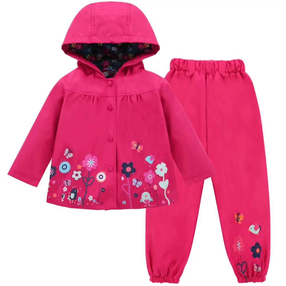 Autumn Spring Children Waterproof Long Sleeve Coat+Pants 2pcs Flower Print Baby Girls Clothes Toddler Boys Children Sets Costume Trikidsworld