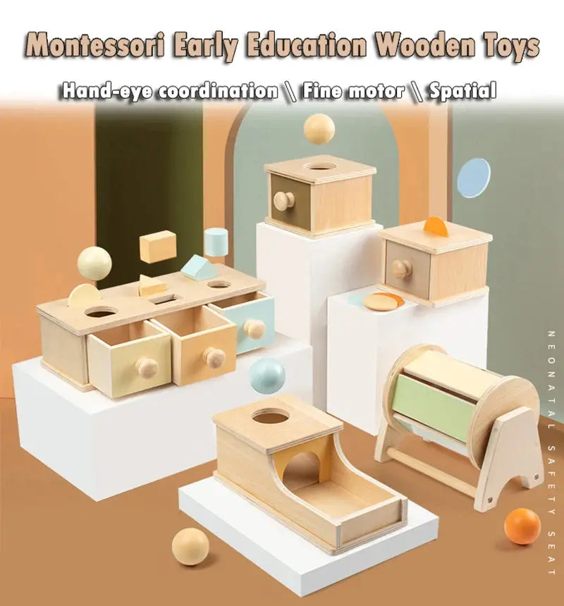 Montessori Wooden Baby Toy – Coin Box, Ball Drum & Shape Sorter | Educational & Sensory Learning Gift Trikidsworld
