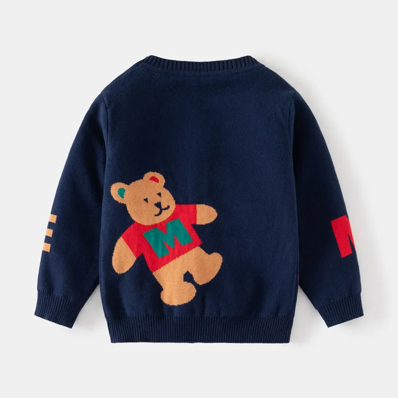 Kids' Knitted Cardigan with Car and Bear Pattern