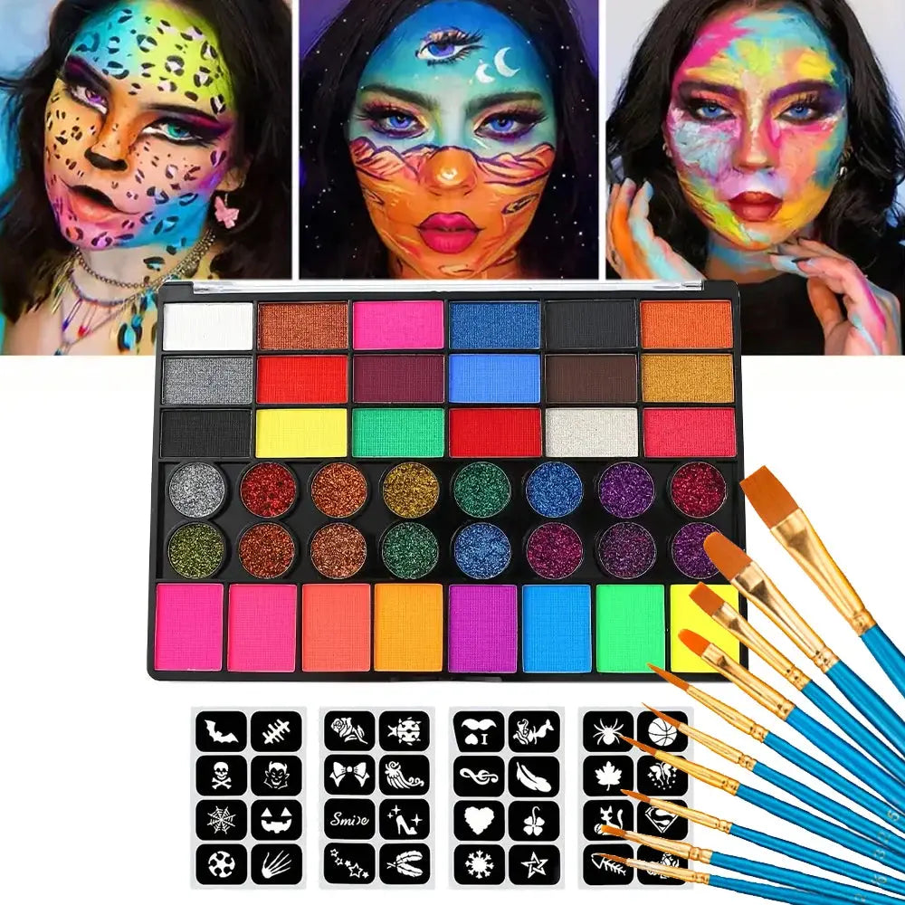 42 Colors Water Soluble Face Body Painting Set UV Neon Glitter Face Paint Art Halloween and Christmas Party Body Paint Makeup Trikidsworld