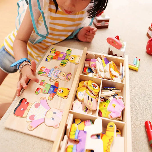 Montessori Little Bear Change Clothes Kids Early Education Wooden Jigsaw Puzzle Dressing Game Baby Puzzle Toys For Children Gift Trikidsworld