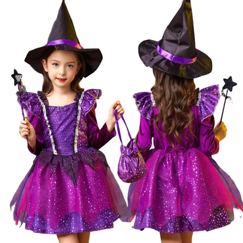 Girls Witch Halloween Cosplay Costume With Hat Magic Wand Candy Bag Kids Children Dress Girl Carnival Party Performance Clothes Trikidsworld