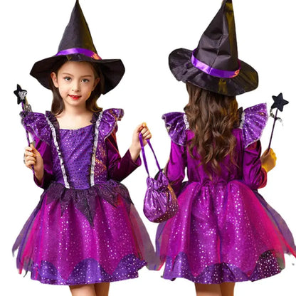 Girls Witch Halloween Cosplay Costume With Hat Magic Wand Candy Bag Kids Children Dress Girl Carnival Party Performance Clothes Trikidsworld