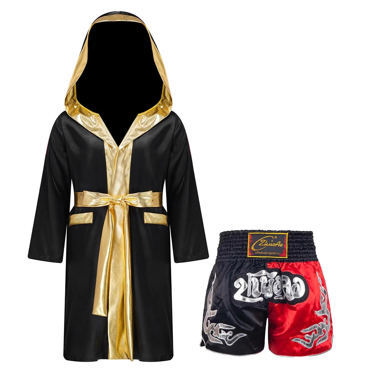 Kids Boys Boxing Outfit Halloween Cosplay Costume Long Sleeve Open Front Robe Satin Hooded Cloak with Belt Shorts Roleplay Sets Trikidsworld