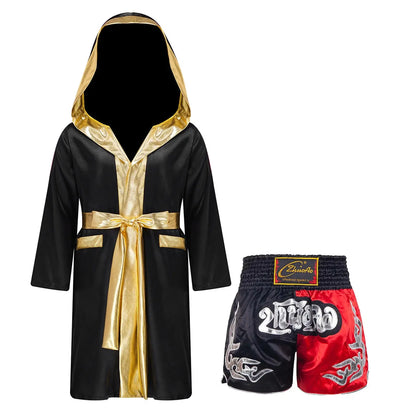 Kids Boys Boxing Outfit Halloween Cosplay Costume Long Sleeve Open Front Robe Satin Hooded Cloak with Belt Shorts Roleplay Sets Trikidsworld