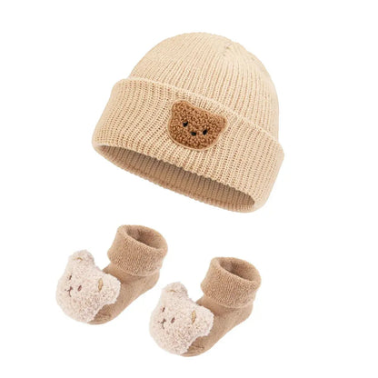 2Pcs Solid Knitted Beanies&Bear Plush Cartoon Thicken Short Socks Set Fall Winter Turban Hats Infant Boys Girls 0-12M Stockings Trikidsworld