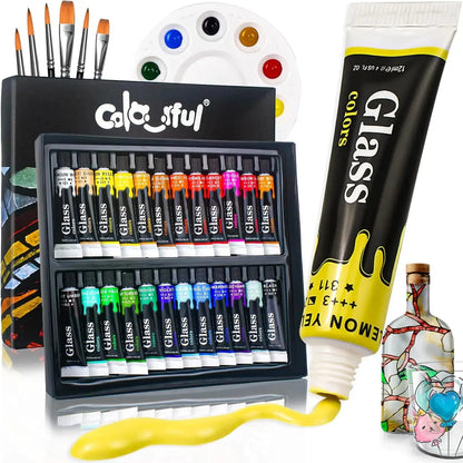Acrylic Glass Paint Set with 6 Brushes, 1 Palette, 12/24 Colors 12ml,Stain Glass Paints for Wine Glass, Waterproof Acrylic Paint Trikidsworld