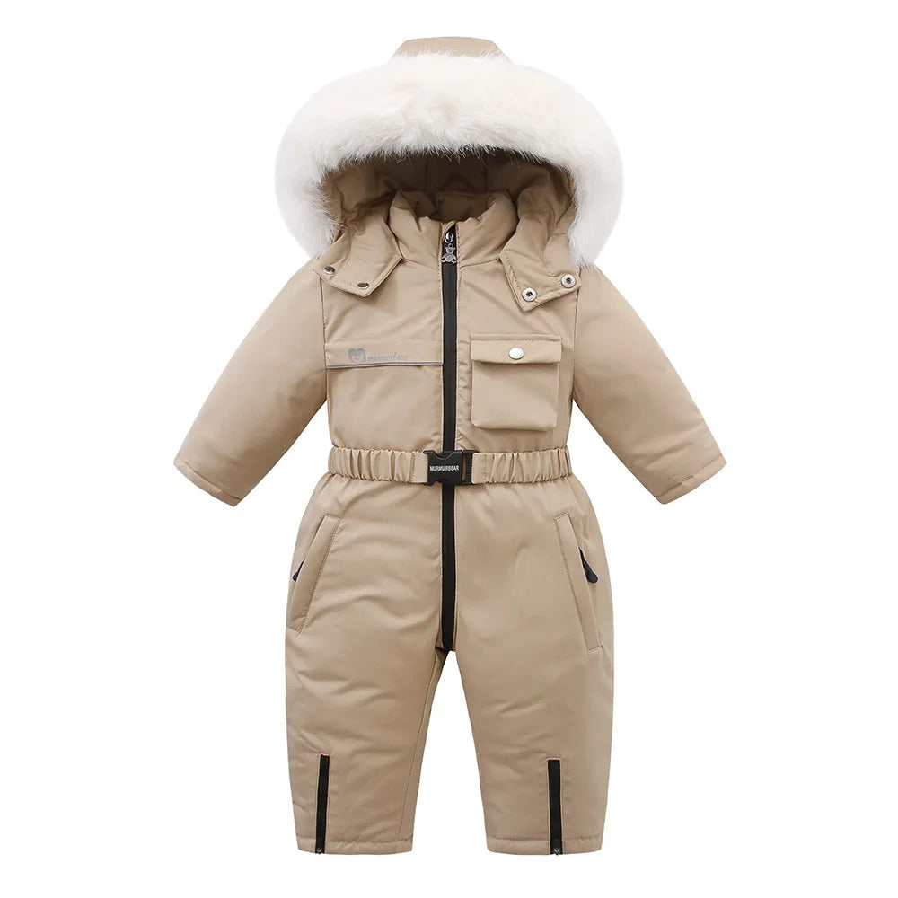 Beige kids winter snowsuit with hood, front zip and waist belt detail.