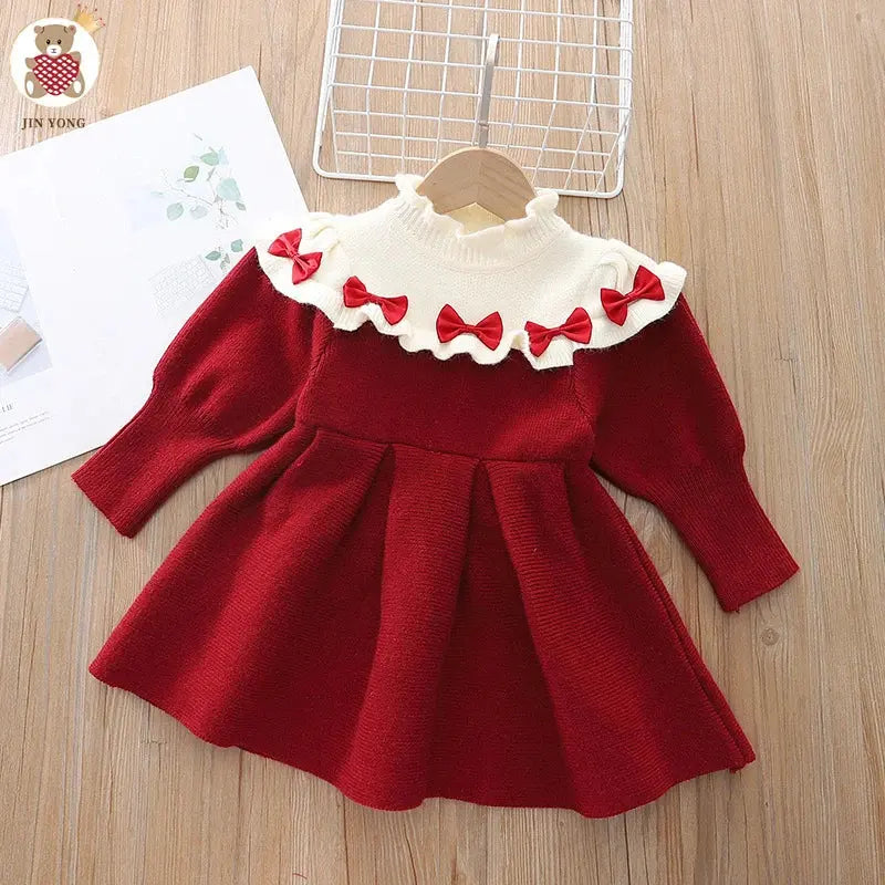 2025 New Christmas Baby Party Dress 2-6Yrs Children Clothes Baby Girl Birthday Party Dress Red Bow Knitted Kids Princess Dresses Trikidsworld