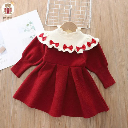 2025 New Christmas Baby Party Dress 2-6Yrs Children Clothes Baby Girl Birthday Party Dress Red Bow Knitted Kids Princess Dresses Trikidsworld