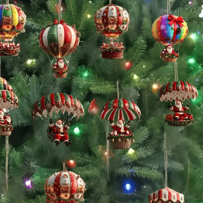 12Pcs Christmas Wooden Hot Air Balloon Santa Claus 2D Flat Wooden Pendant Christmas Tree Decoration Perfect Holiday Gift Decor Trikidsworld