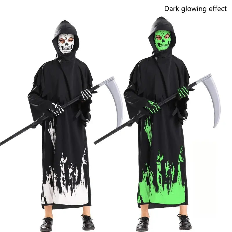 Hooded Kids Halloween Party Wear Death Cloak Unisex Boys Girls Night Noctilucent Anime Grim Reaper Cosplay Costume for Carnival Trikidsworld