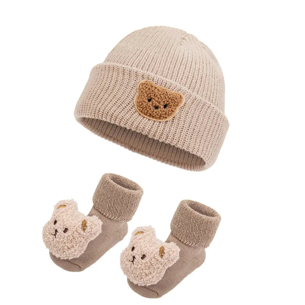 2Pcs Solid Knitted Beanies&Bear Plush Cartoon Thicken Short Socks Set Fall Winter Turban Hats Infant Boys Girls 0-12M Stockings Trikidsworld