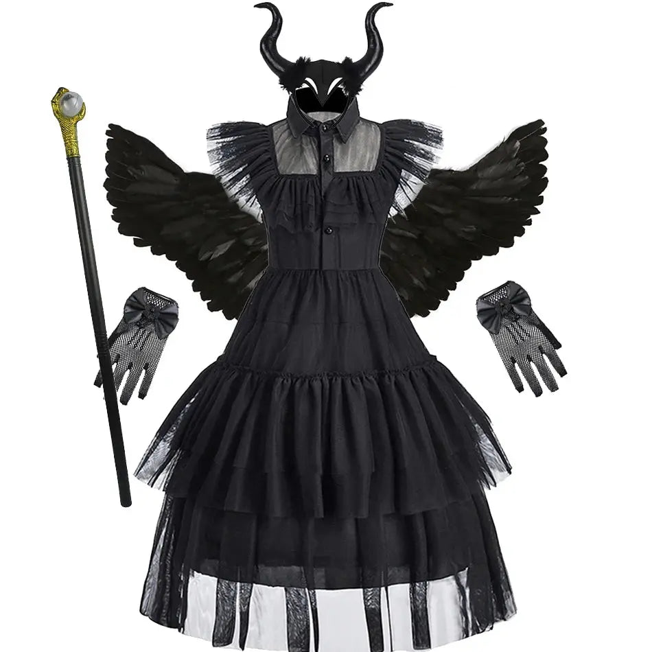 Kids Halloween Cosplay Costume Girls Fairy Witch Party Dress with Wing Children Green Black Carnival Christmas Birthday Clothes Trikidsworld