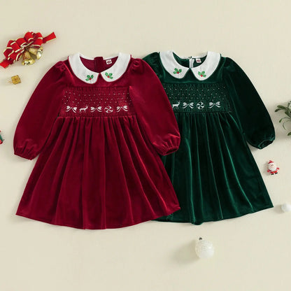 FOCUSNORM 1-7Y Little Kids Girls Velvet Christmas Dress Deer Bow Holly Embroidered Smocked Long Sleeve Doll Collar A-Line Dress Trikidsworld