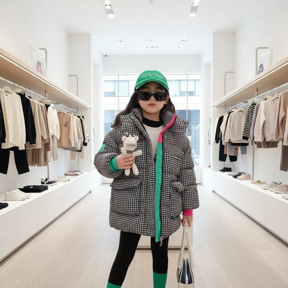 2025 Winter Keep Warm Princess Girls Jacket Grid Design Padded Lining With Velvet Hooded Heavy Coat For Kids Sent Bear Doll Trikidsworld