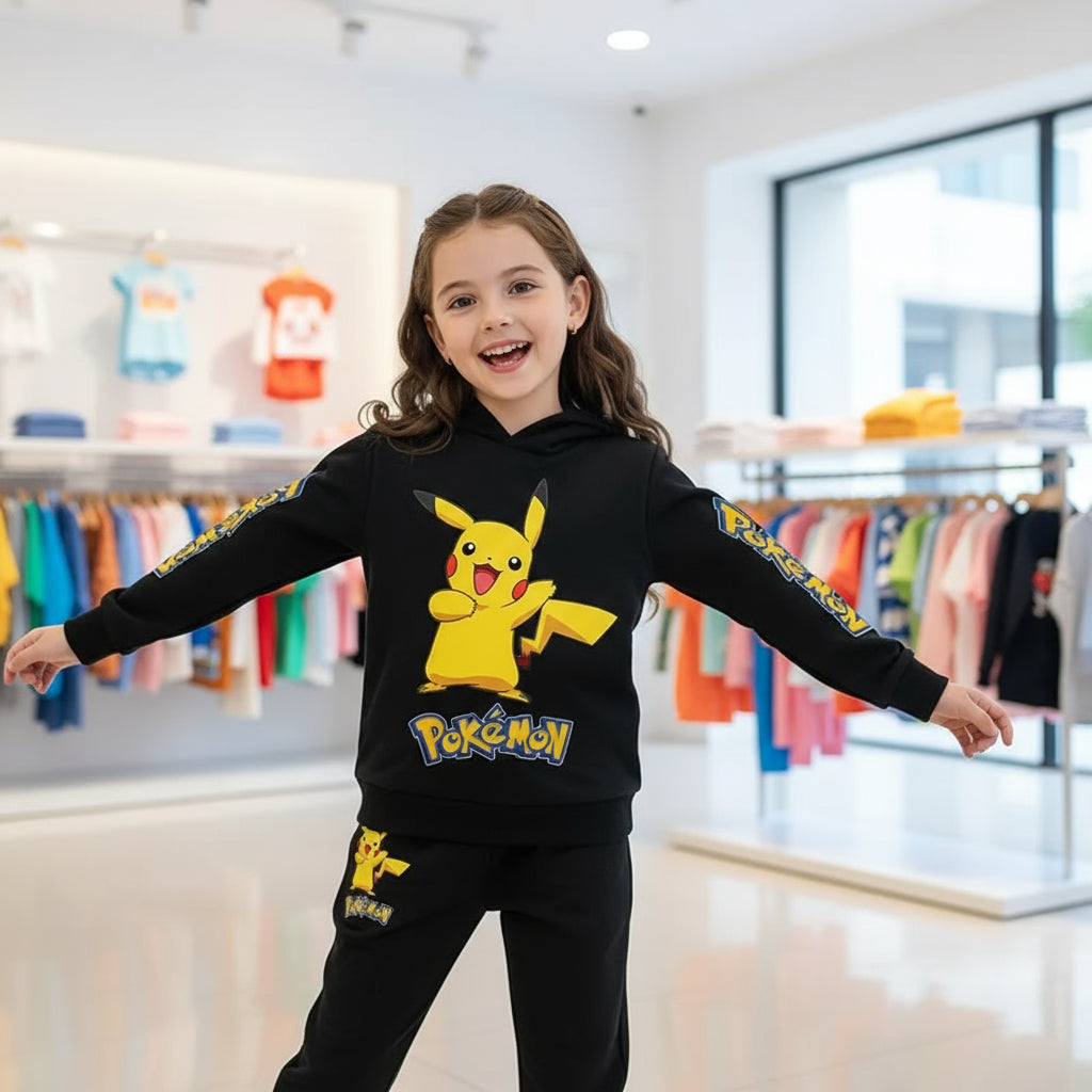 Pikachu Pokemon cartoon knitted hooded sweatshirt children's clothing set for boys and girls, two-piece top + pants set Trikidsworld