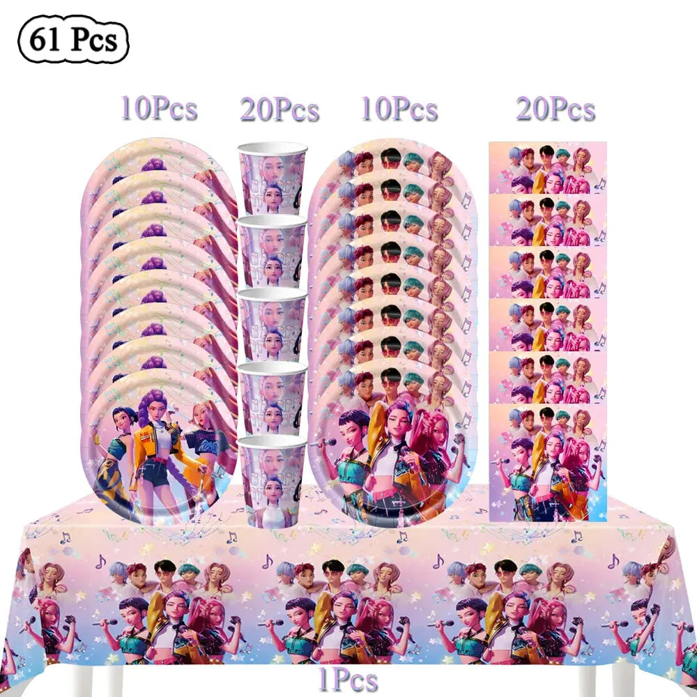 Demon Hunters Birthday Party Decor Tableware Banner Decorations Cake Topper Balloon Girl Kid Korean Kpop Anime Party Supplie Set Trikidsworld
