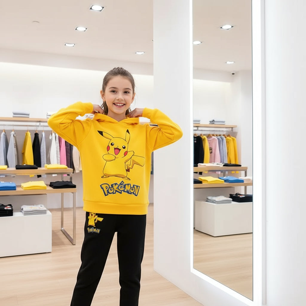 Pikachu Pokemon cartoon knitted hooded sweatshirt children's clothing set for boys and girls, two-piece top + pants set Trikidsworld
