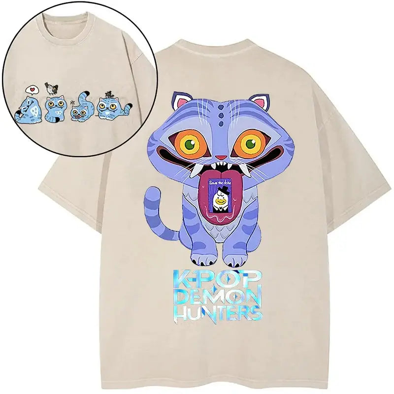 Derpy Tiger Kpop Demon Hunters Shirts for Women Cartoon Anime Washed Cotton Tee K-Pop Demon Hunters Tiger Harajuku T-shirt Tops Trikidsworld