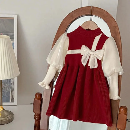 2025 New Christmas Baby Party Dress 2-6Yrs Children Clothes Baby Girl Birthday Party Dress Red Bow Knitted Kids Princess Dresses Trikidsworld