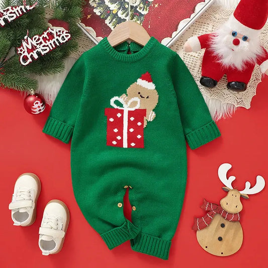 2025 Christmas Baby unisex Jumpsuit Green Newborn Cute Clothes Autumn Winter Boys Girls Round Neck Christmas Gift Knit Bodysuit Trikidsworld