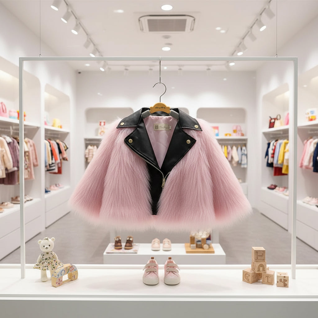 Kids Faux Fox Fur Jacket Short Thickened Biker Coat Leather & Fur Blend Outerwear for Boys Girls Trikidsworld