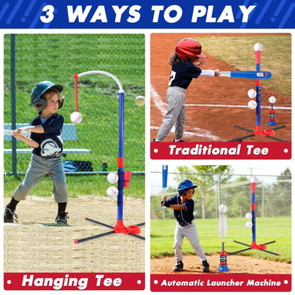 3-in-1 Kids Baseball Toy Set with Hanging Ball Stand/Standing T-Ball/Auto Launcher, Adjustable Height Toddler Baseball Set Trikidsworld