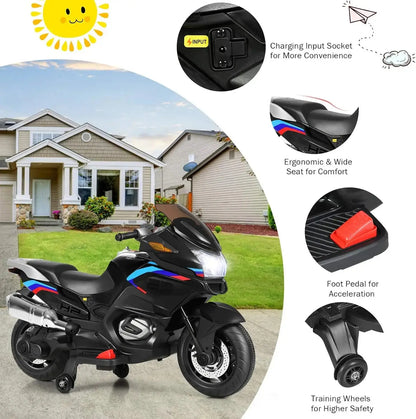 Kids Ride On Motorcycle, 12V Electric Battery Powered Ride On Bike w/Training Wheels, LED Lights, Music, Pedal, Forward/Reverse, Trikidsworld