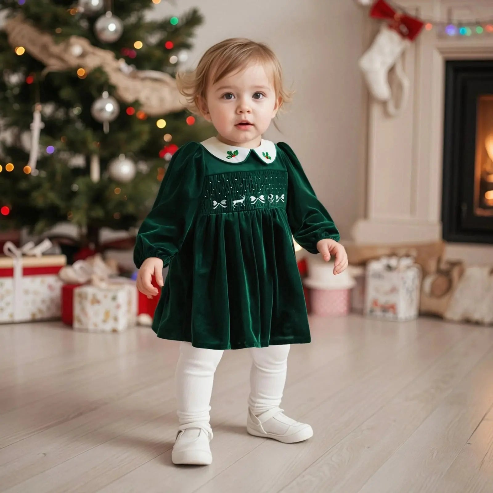 FOCUSNORM 1-7Y Little Kids Girls Velvet Christmas Dress Deer Bow Holly Embroidered Smocked Long Sleeve Doll Collar A-Line Dress Trikidsworld