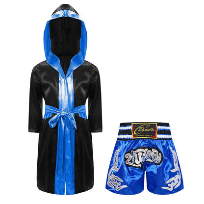 Kids Boys Boxing Outfit Halloween Cosplay Costume Long Sleeve Open Front Robe Satin Hooded Cloak with Belt Shorts Roleplay Sets Trikidsworld
