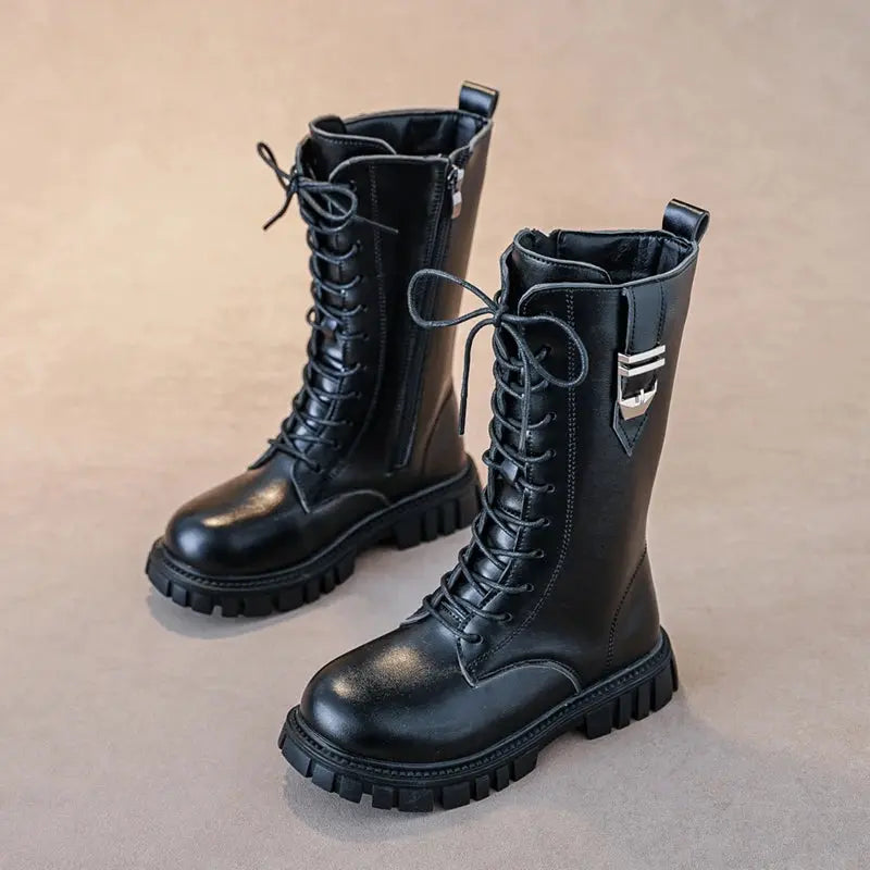 Elegant Zipper Baby Girl Casual Fashion Boots Autumn/winter Round Toe Warm Thick Sole Lace Comfortable Children's Midsole Boots Trikidsworld