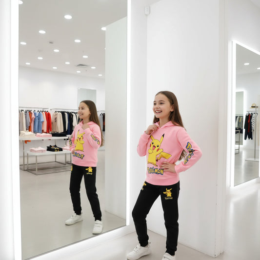 Pikachu Pokemon cartoon knitted hooded sweatshirt children's clothing set for boys and girls, two-piece top + pants set Trikidsworld