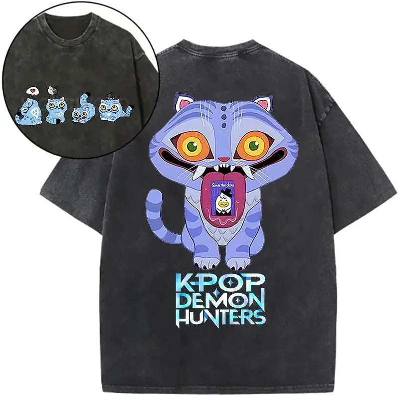 Derpy Tiger Kpop Demon Hunters Shirts for Women Cartoon Anime Washed Cotton Tee K-Pop Demon Hunters Tiger Harajuku T-shirt Tops Trikidsworld