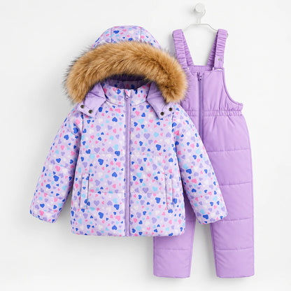 Girls’ 2 piece snowsuit in pink print: heart print ski jacket and pink snow bib pants