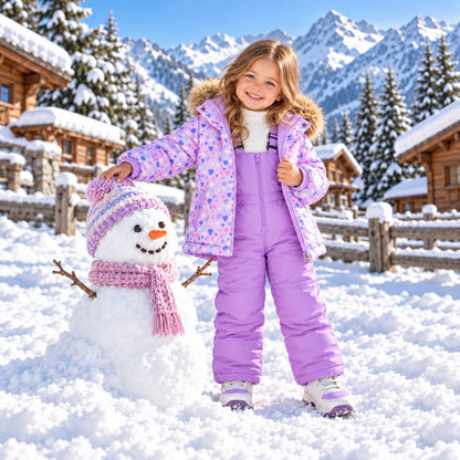Girl wearing purple print 2 piece snowsuit with ski jacket and snow bib pants next to a snowman