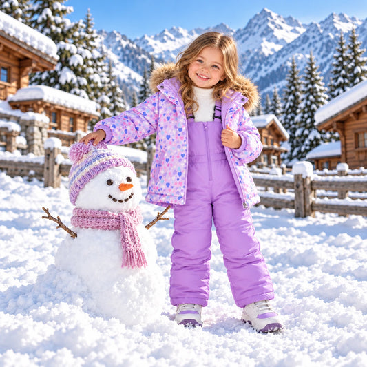 Girl wearing purple print 2 piece snowsuit with ski jacket and snow bib pants next to a snowman