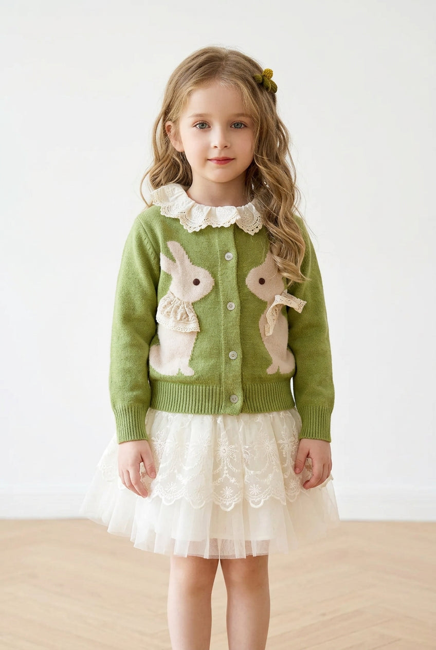 Green knitted cardigan for kids with cute white bunny jacquard design and button closure
