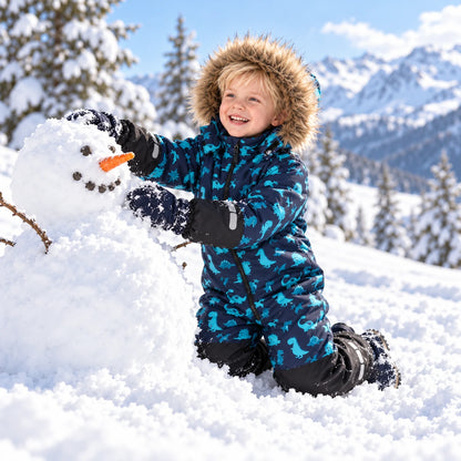 Child in HONEYKING dinosaur print one-piece snowsuit next to a snowman