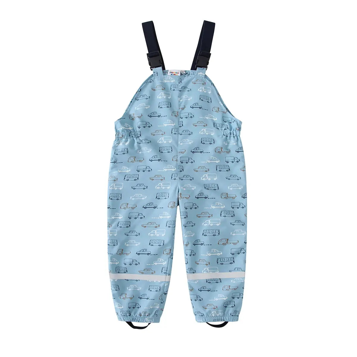 HONEYKING kids waterproof bib rain pants with straps, light blue car print