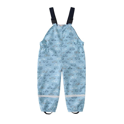 HONEYKING kids waterproof bib rain pants with straps, light blue car print